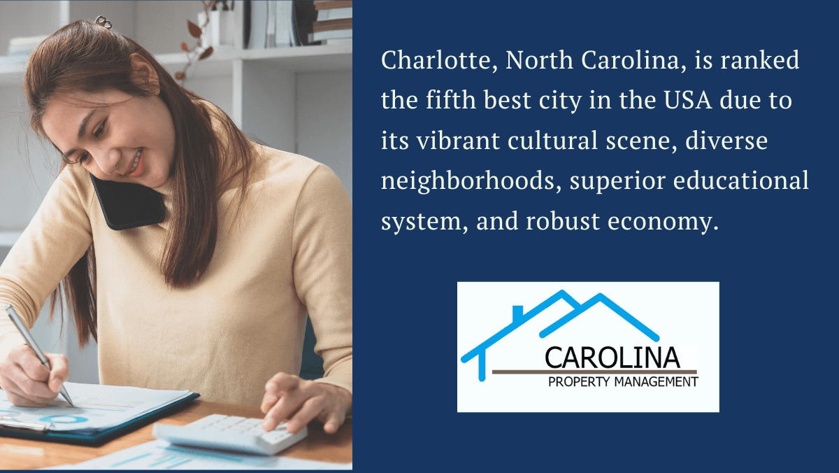 Highlighting Charlotte's ranking as the fifth best city in the USA with a vibrant cultural scene, diverse neighborhoods, and a robust economy.